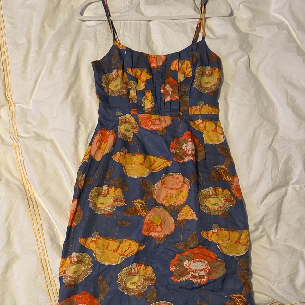 Anthropology Maeve Silk Floral Blue and Orange Dress Lined- Missing 1 button